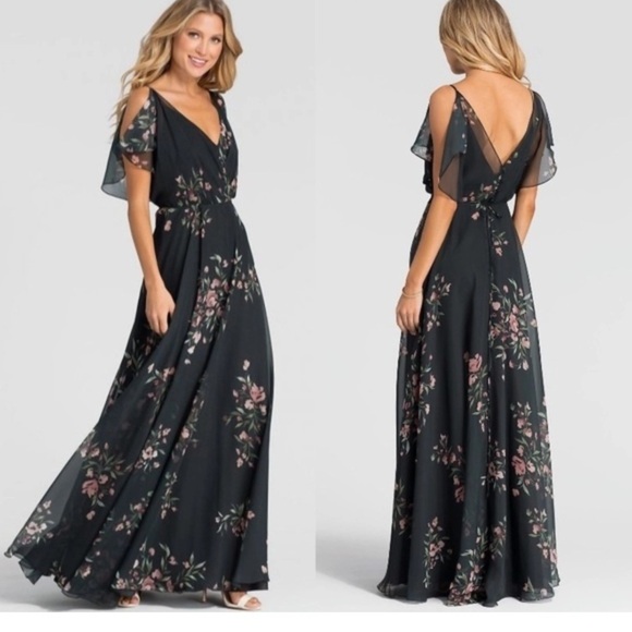 Jenny Yoo Cassie
Flutter Sleeve
Surplice Gown
Black with Floral Pattern. - Picture 5 of 17
